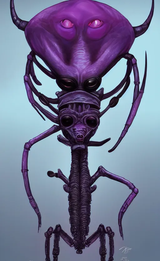 Image similar to character portrait art, ant alien, trending in artstation, purple color lighting