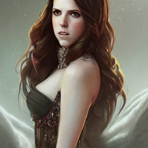 Image similar to a portrait of anna kendrick as a sorceress, urban motifs, intricate, elegant, highly detailed, digital painting, trending on artstation, concept art, smooth sharp focus, illustration, art by artgerm and greg rutkowski