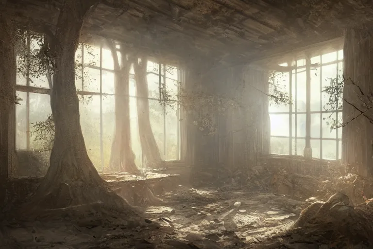 Prompt: the interior of an old abandoned house, an old oak tree grows inside the house, golden rays of sunlight enter through the window, digital art, trending on artstation, matte painting, concept art, drawn by greg rutkowski, inspired by johannes vermeer, cold colors