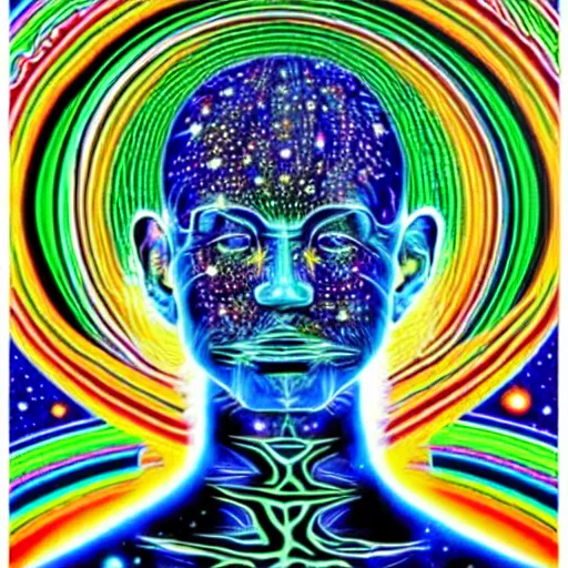 Image similar to A psychedelic silhouette of a human body filled with the universe, planets, stars and galaxies in the style of Alex Grey