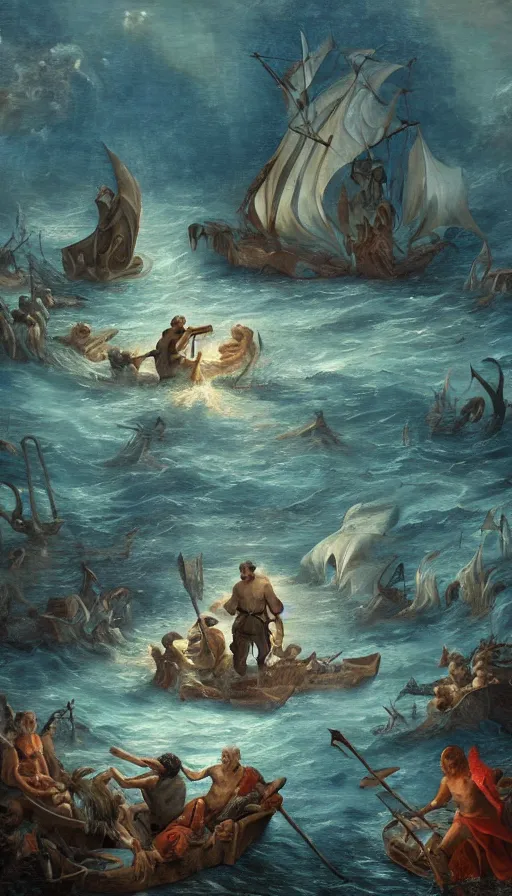 Image similar to man on boat crossing a body of water in hell with creatures in the water, sea of souls, by fortiche studio