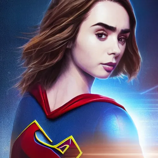 Image similar to a potrait of Lily Collins as Supergirl with man of steel suit style by Greg Rutkowski, Sung Choi, Mitchell Mohrhauser, Maciej Kuciara, Johnson Ting, Maxim Verehin, Peter Konig, 8k photorealistic, cinematic lighting, HD, high details, dramatic, trending on artstation, full body shot