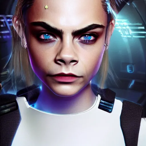 Image similar to cara delevingne as a borg ( star trek ), unreal 5, daz, hyperrealistic, octane render, rpg portrait, dynamic lighting, fantasy art, beautiful face