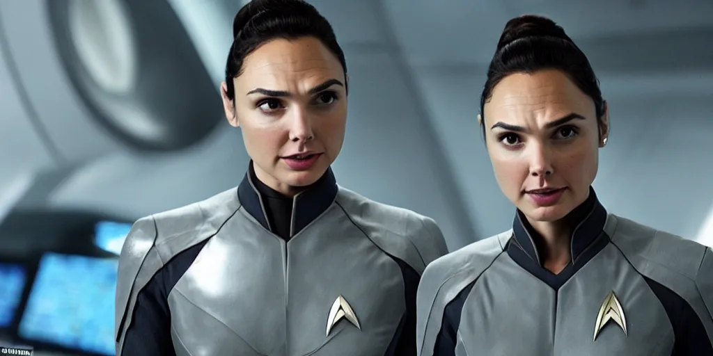 Image similar to Gal Gadot, in full starfleet uniform, is the captain of the starship Enterprise in the new Star Trek movie