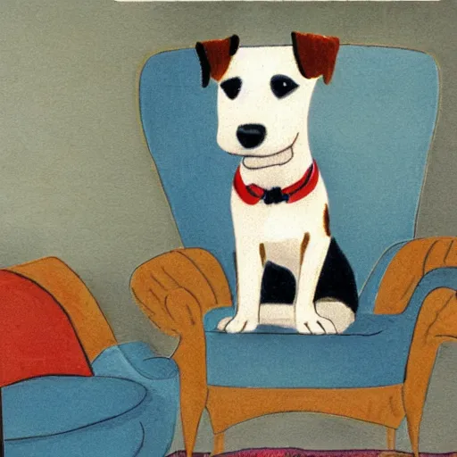 Image similar to a parson russell terrier jumping onto furniture, children's illustration