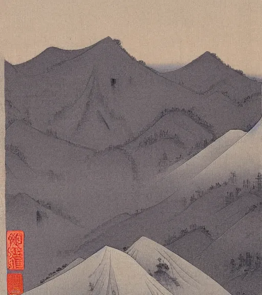 Prompt: mountains by xu beihong, feng zikai