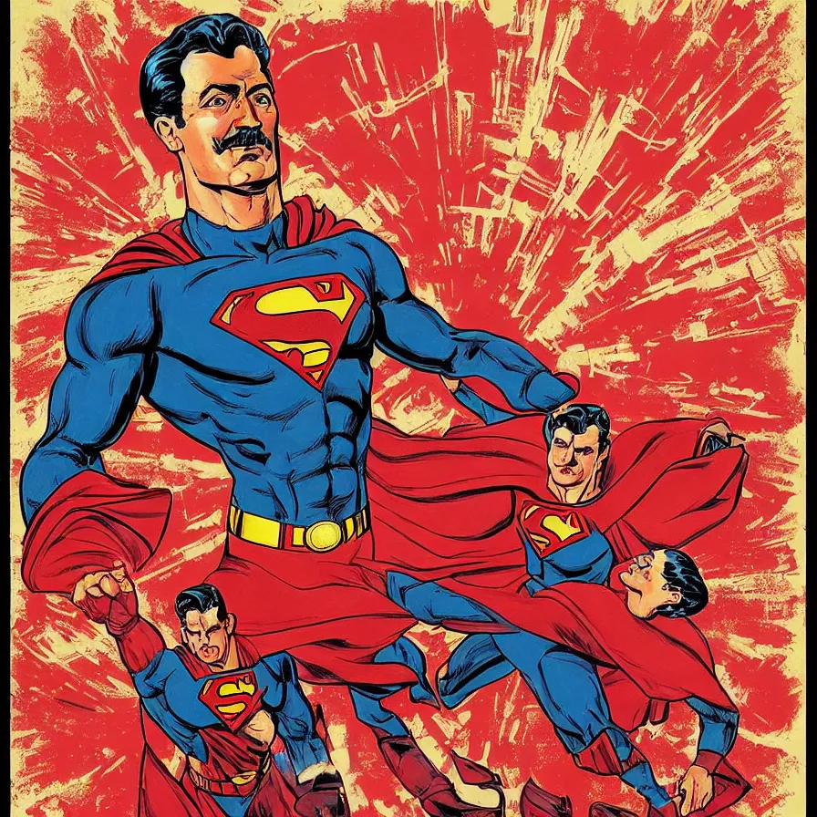 Image similar to epic comic book cover of stalin as superman floating over the red square ( moscow ), soviet propaganda poster, socialist realism, aesthetically pleasing, finely detailed facial features, photorealistic, intricate digital art, trending artstation, artgem, rich moody colors, fan art, concept art, in the style of the red son and invincible