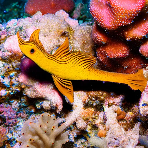 Prompt: Photo of a little sea horse scared by three snorkel divers taking photos with flash of him, hyperrealism, dynamic lighting