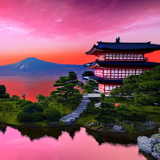Prompt: japanese houses on a mountain, with a lake and a sunset, realistic photo, artstation trend, well detailed, 8k