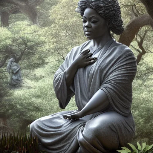 Image similar to marble statue of oprah winfrey meditating in a rococo japanese garden, accurate details, detailed full body, dramatic, intricate, elegant, highly detailed, digital painting, artstation, concept art, sharp focus, illustration, art by gustave dore, octane render