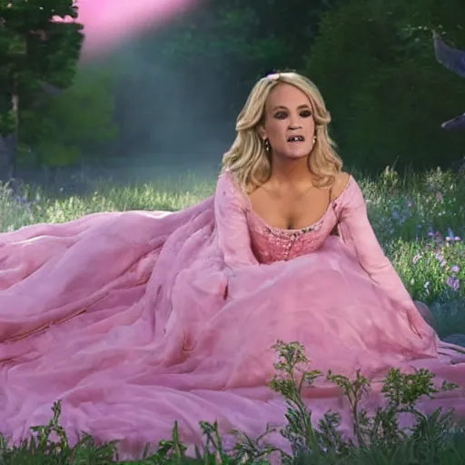 Image similar to a movie still of carrie underwood as sleeping beauty in a pink dress, dynamic lighting, 8 k, full body picture, 2 0 2 2 picture of the year