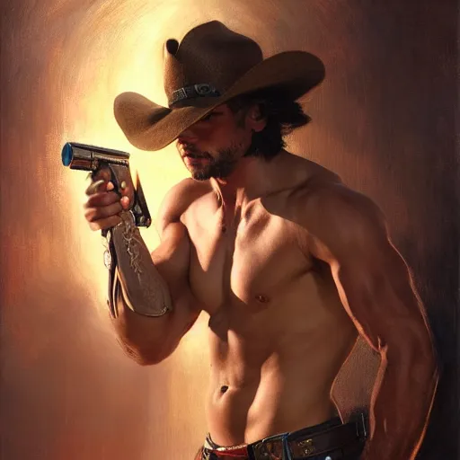 Prompt: handsome portrait of young mccree posing with glistening muscles, war hero, toned, radiant light, caustics, by gaston bussiere, bayard wu, greg rutkowski, giger, maxim verehin, alex grey