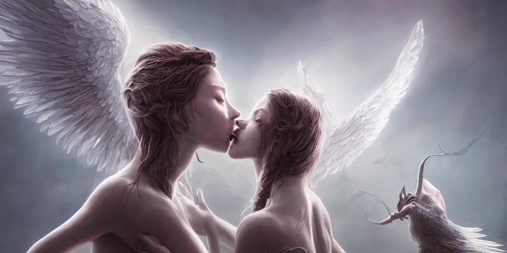 Image similar to ultra realistic, beautiful angel kissing devil, sci-fi, fantasy, mythical, intricate, elegant, highly detailed, digital painting, octane render, substance painter, zbrush, artstation, concept art, smooth, sharp focus, eerie, illustration, 8k, HD, art by artgerm and greg rutkowski and raphael