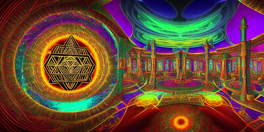 Image similar to dmt temple, sacred geometric buildings housing dmt time elves, psychedelic architecture, soul frequency, 8 k resolution, highly detailed,