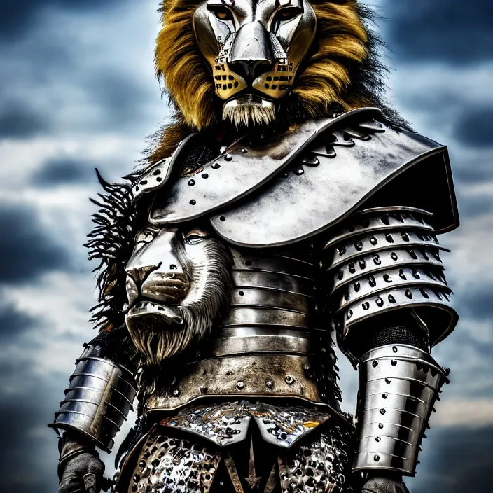 Image similar to photo of a warrior with metal lion themed armour, highly detailed, 4 k, hdr, smooth, sharp focus, high resolution, award - winning photo