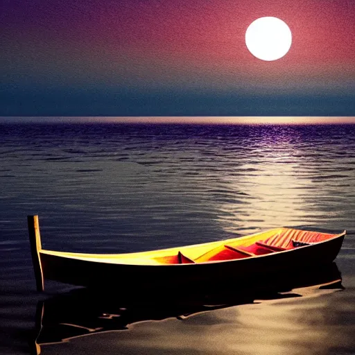 Image similar to A beautiful small boat alone on a lake at twilight with calm waters, the moon shines from above causing light ripples in the water. A small and calm traveller sits in the boat, at peace with himself and the world. A digital art piece designed to spreader unending tranquility. Tranquil dreams of tepid water, a moment frozen in time. Trending on art station, an award winning masterpiece