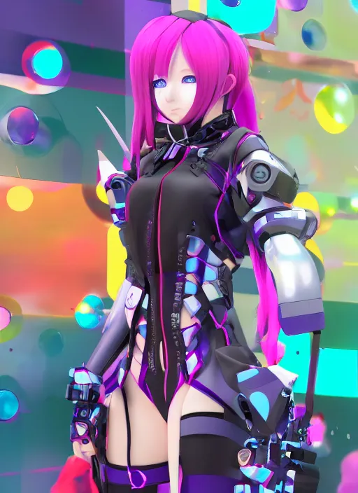 Prompt: anime, vrchat, secondlife, imvu, 3 d model of a girl wearing harajuku colorful clothes, cyberpunk armor, cyborg, pop colors, kawaii hq render, detailed textures, artgerm artstationhd, booth. pm, highly detailed attributes and atmosphere, dim volumetric cinematic lighting, hd, unity unreal engine