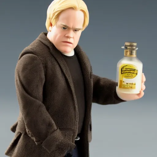 Prompt: product shot of Phillip Seymour Hoffman action figure, original packaging, full shot, including accessories