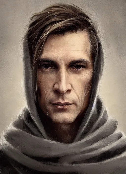 Image similar to a clean shaven man aged 4 0 with tousled blonde hair and hazel eyes and a friendly expression. he is handsome and wearing a grey cloak. head and shoulders portrait painting by greg rutkowski