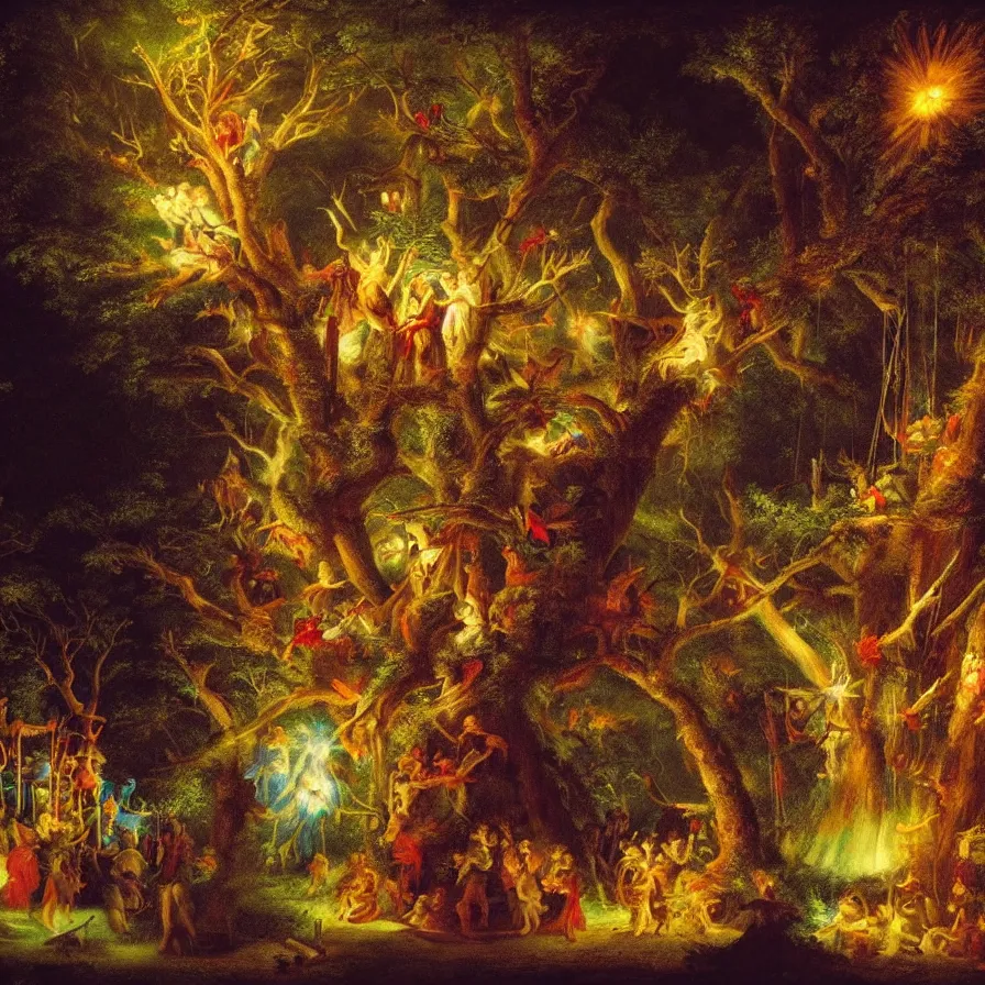 Image similar to closeup of a night carnival inside a tree cavity in a magical forest in the middle of a summer storm, with a music scenario with many fireworks and christmas lights, volumetric lightning, instense god rays in the sky, folklore people disguised with fantastic creatures in a magical forest by summer night, masterpiece painted by ary scheffer, very coherent and colorful high contrast masterpiece,