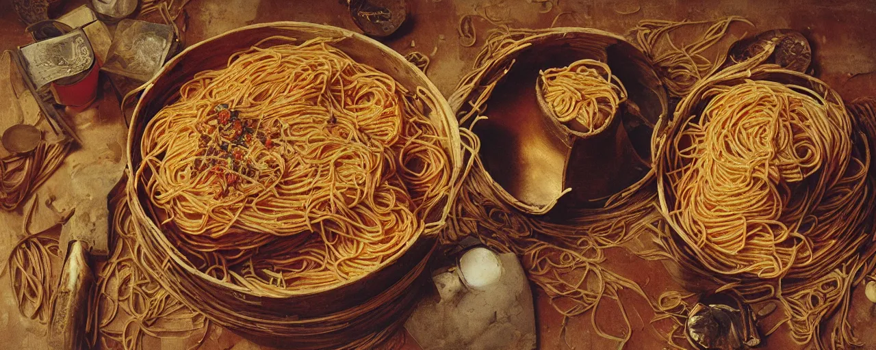 Prompt: the treasure chest of spaghetti in the mali empire, 1 5 0 0 s canon 5 0 mm, kodachrome, retro