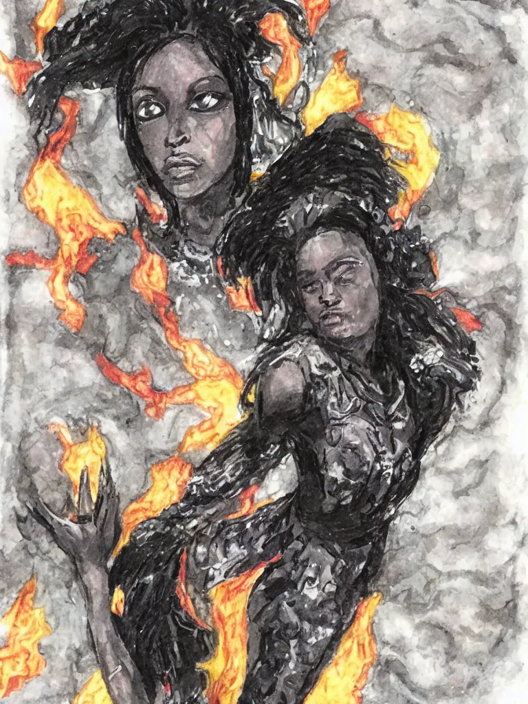 Image similar to Black female paladin leaving holy fire in her wake. Mixed media on paper.