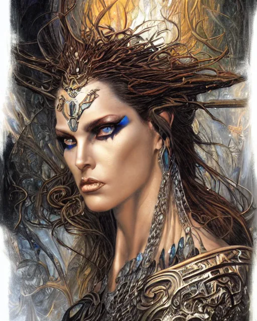 Prompt: a highly detailed airbrush painting of an evil female fantasy sorceress with piercing beautiful eyes art by karol bak and donato giancola and mark brooks, centered, mysterious, dark beauty