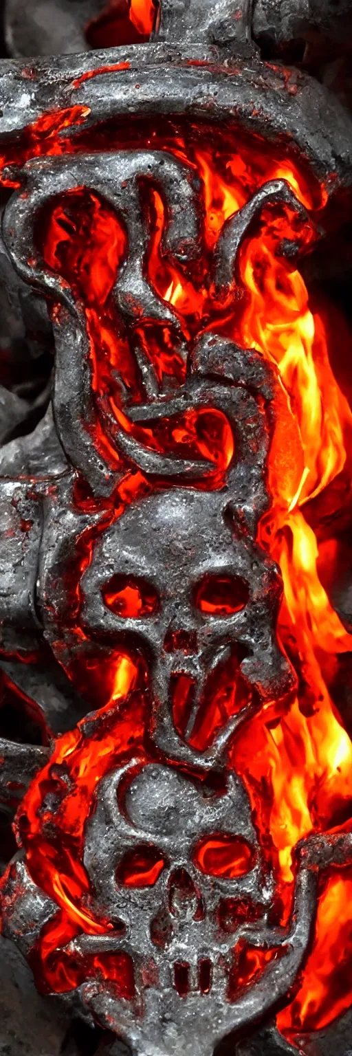 Image similar to molten red hot metal being poured into a mold in the shape of a punisher skull emblem. background is firey foundry. detailed, high art, intricate, artisan