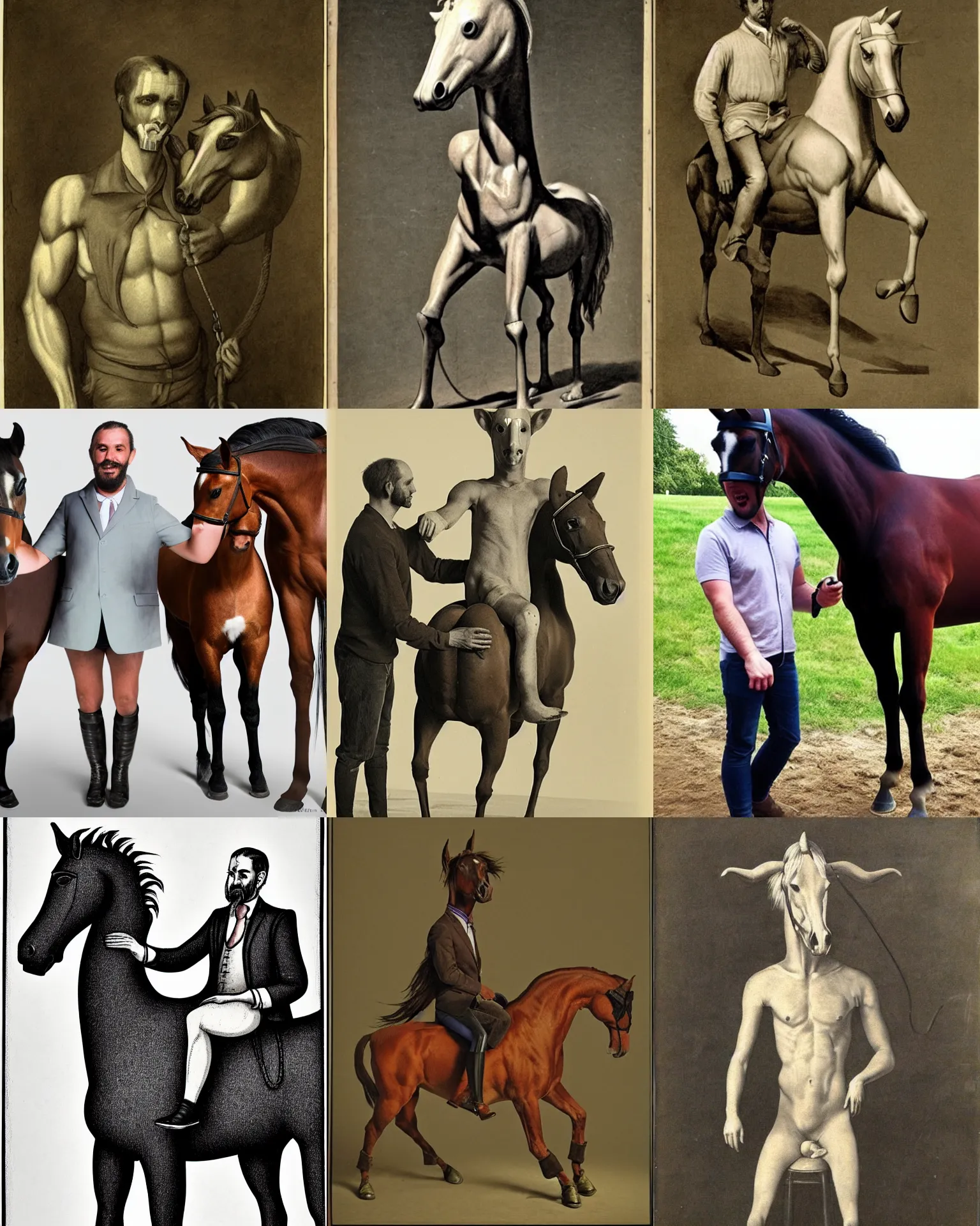 Prompt: guy with horse head, horse legs and human body, hybrid of man and horse