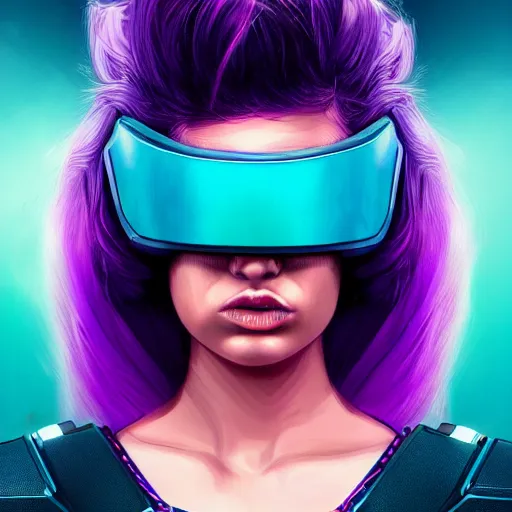 Image similar to a stunning upper body portrait of a beautiful young woman wearing futuristic navy blue and teal battle bodyarmor and pauldrons and ombre purple and pink hairstyle with hair blowing in the wind, by marvel comics, outrun, vaporware, neon, highly detailed, fine detail, intricate, digital art, trending on artstation