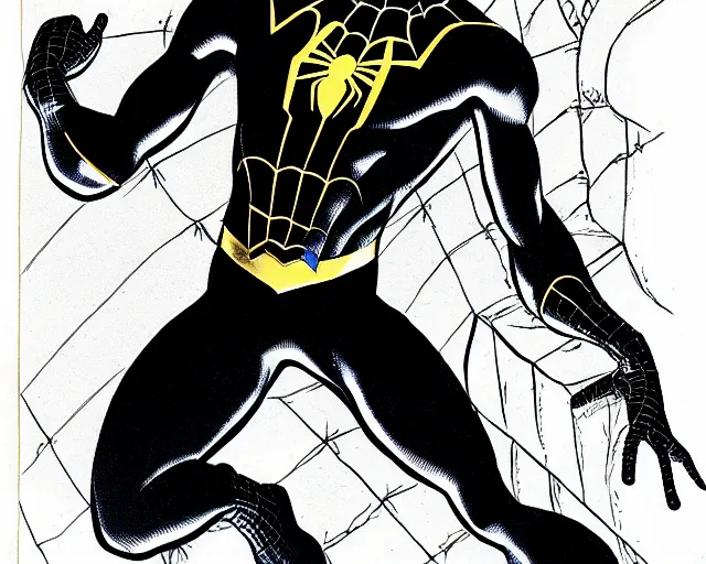 Image similar to photorealistic sketch of black spider - man with gold webbing by steve ditko