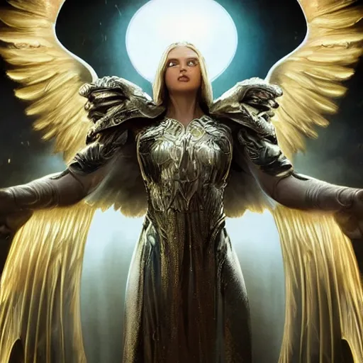 Image similar to beautiful cinematic fantasy poster, sci-fi, semi-transparent, beautiful Archangel with brilliant golden halo and a brilliant alabaster face, brilliant silver filigree, blindfolded eyes eyes, wideshot ultrawide angle epic scale, hybrid from The Elden Ring and art direction by Darius Zawadzki ;by artgerm; wayne reynolds art station; cinematic quality character render; low angle; ultra high quality model; production quality cinema model;