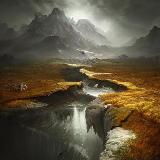 Prompt: michal karcz grunge painting of a beautiful landscape. , fantasy theme, detailed, elegant, intricate, 4k,