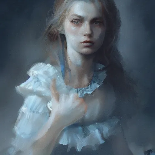 Image similar to closeup portrait of alice in wonderland, dramatic lighting, chiaroscuro, high detail, painted by greg rutkowski, painted by igor kieryluk, painted by bobby chiu, trending on artstation