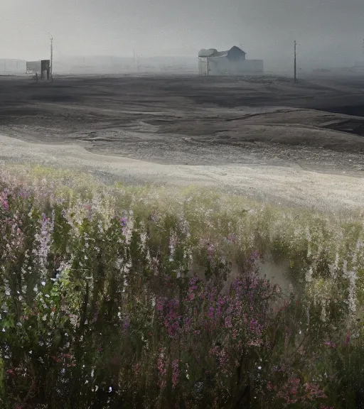 Image similar to andrei tarkovsky scene, a matte painting of a white stepped architecture in the mining tailings in the desert, biroremediation, prairie, cottage town, foggy, patchy flowers, oil painting, pale colors, high detail, 8 k, wide angle, trending on artstation, behance