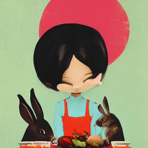 Prompt: after tea with a bunny and a little girl by roby dwi antono