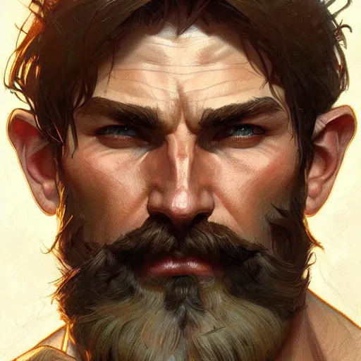 Image similar to Portrait of rugged male ranger, D&D, muscular, fantasy, intricate, elegant, highly detailed, digital painting, artstation, concept art, smooth, sharp focus, illustration, art by artgerm and greg rutkowski and alphonse mucha