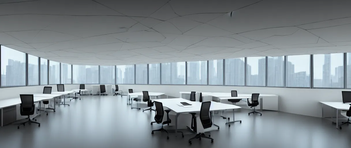 Prompt: large office, modern, well kept, bright, ethereal feel, volumetric lighting, godrays, high ceiling, table in the middle, office chair, couch, grand, curved windows around the wall, white concrete, plangs in wall, balcony outside, digital art, concept art, high detail,