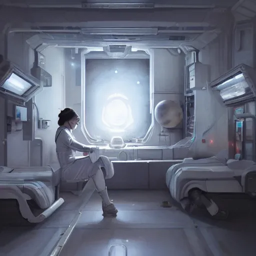 Image similar to a space woman in a white nurse uniform examinating an alien in a space station hospital, Matte painting , detailed painting, greg rutkowski
