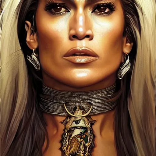 Image similar to Jennifer Lopez as a warrior woman, looking at camera, D&D, choker on neck, stylish dress, very long flowing hair, intricate, elegant, stylish, serious expression, extremely detailed, digital painting, artstation, concept art, smooth, sharp focus, illustration, stunning lighting, art by artgerm and greg rutkowski and alphonse mucha and simon stalenhag