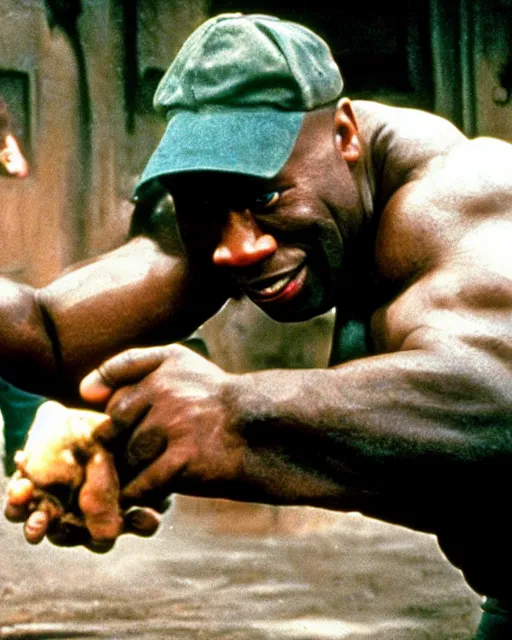 Prompt: film still close - up shot of dwayne johnson as john coffey petting a mouse in the movie the green mile. photographic, photography