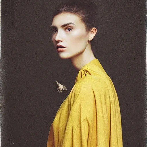 Image similar to head to shoulder portrait Polaroid film photograph of an elegant top model wearing a yellow kimono with a very detailed barn owl on her shoulder!!! in opera . looking at the camera!!. super resolution. Polaroid 600 film. art by Alessio albi and john william waterhouse.