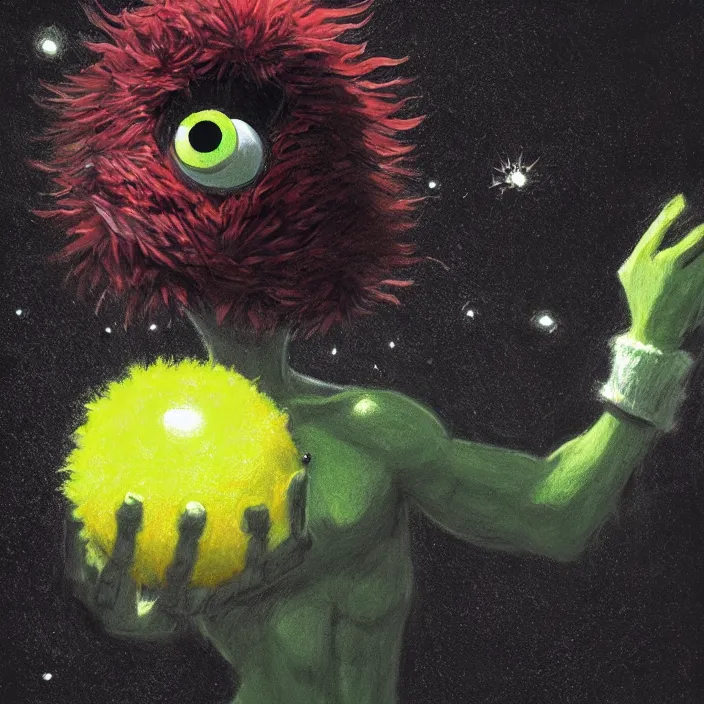 Image similar to cinematic portrait of a cute tennis ball monster in the abyss of space, chalk, masterpiece, trending on artstation, featured on pixiv, cinematic composition, dramatic pose, beautiful lighting, sharp details, hyper-detailed, HD, HDR, 4K, 8K, art by Basil Gogos