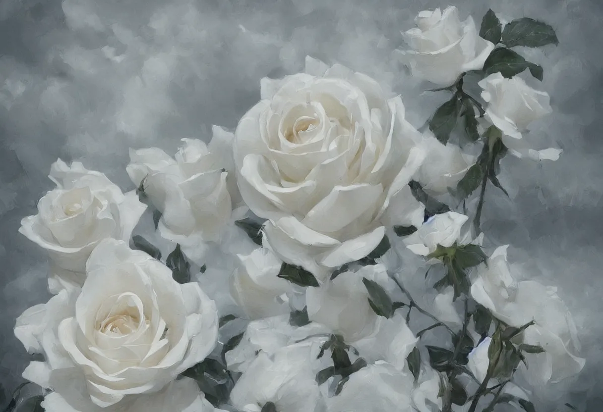 Image similar to a painting of a huge white rose romantic trending on artstation in the style of greg rutkowski