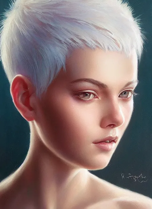 Prompt: girl with short white hair, beautiful highly detailed face, complementary lighting, backlit, divine, beautiful painting by artgerm and greg rutkowski and raymond swanland