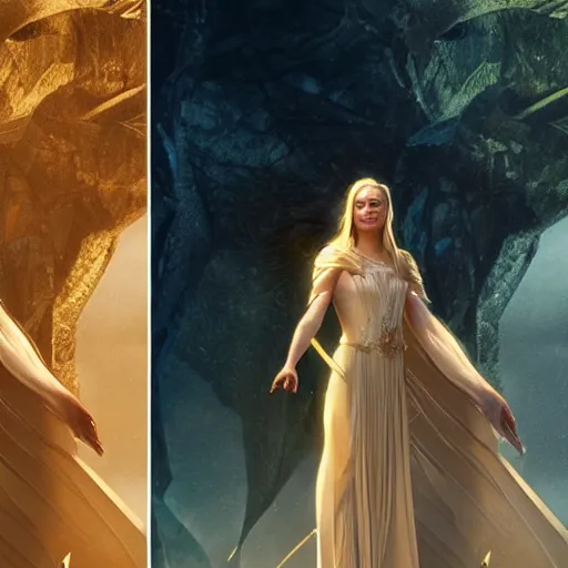 Image similar to margot robbie as galadriel by leonardo divinci, greg rutkowski, alphonse mucha, mystical cosmic lighting, octane render, artstation, rey tracing, golden ratio, rule of thirds, perfect composition