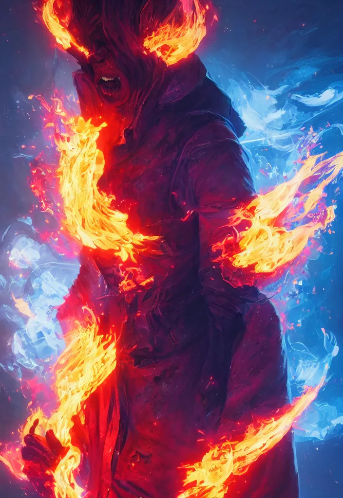 Prompt: a fancy protrait of a very mad mage engulfed in colorful flames by greg rutkowski, sung choi, mitchell mohrhauser, maciej kuciara, johnson ting, maxim verehin, peter konig, 8 k photorealistic, cinematic lighting, hd, high details,