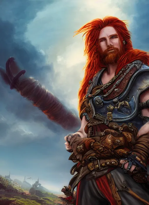 Image similar to An epic fantasy comic book style portrait painting of a long haired, red headed male sky-pirate in front of an skyship in the style of the wheel of time, unreal 5, DAZ, hyperrealistic, octane render, cosplay, RPG portrait, dynamic lighting