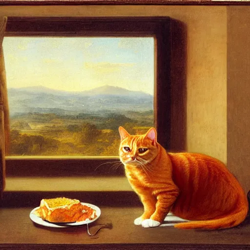 Prompt: fat orange tabby cat eating lasagna on a table, afternoon, renaissance, hudson river school, suburban neighborhood outside window
