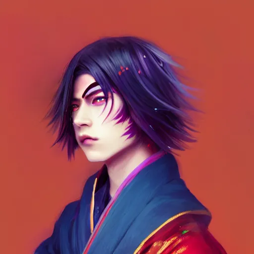 Prompt: colorful and Festive Captivating teenager boy with straight indigo japanese hair, purple eyes, red eye markers, wearing a japanese kimono with golden armor pieces. rich vivid colors, ambient lighting, dynamic lighting, 4k, atmospheric lighting, painted, intricate, highly detailed by Charlie Bowater